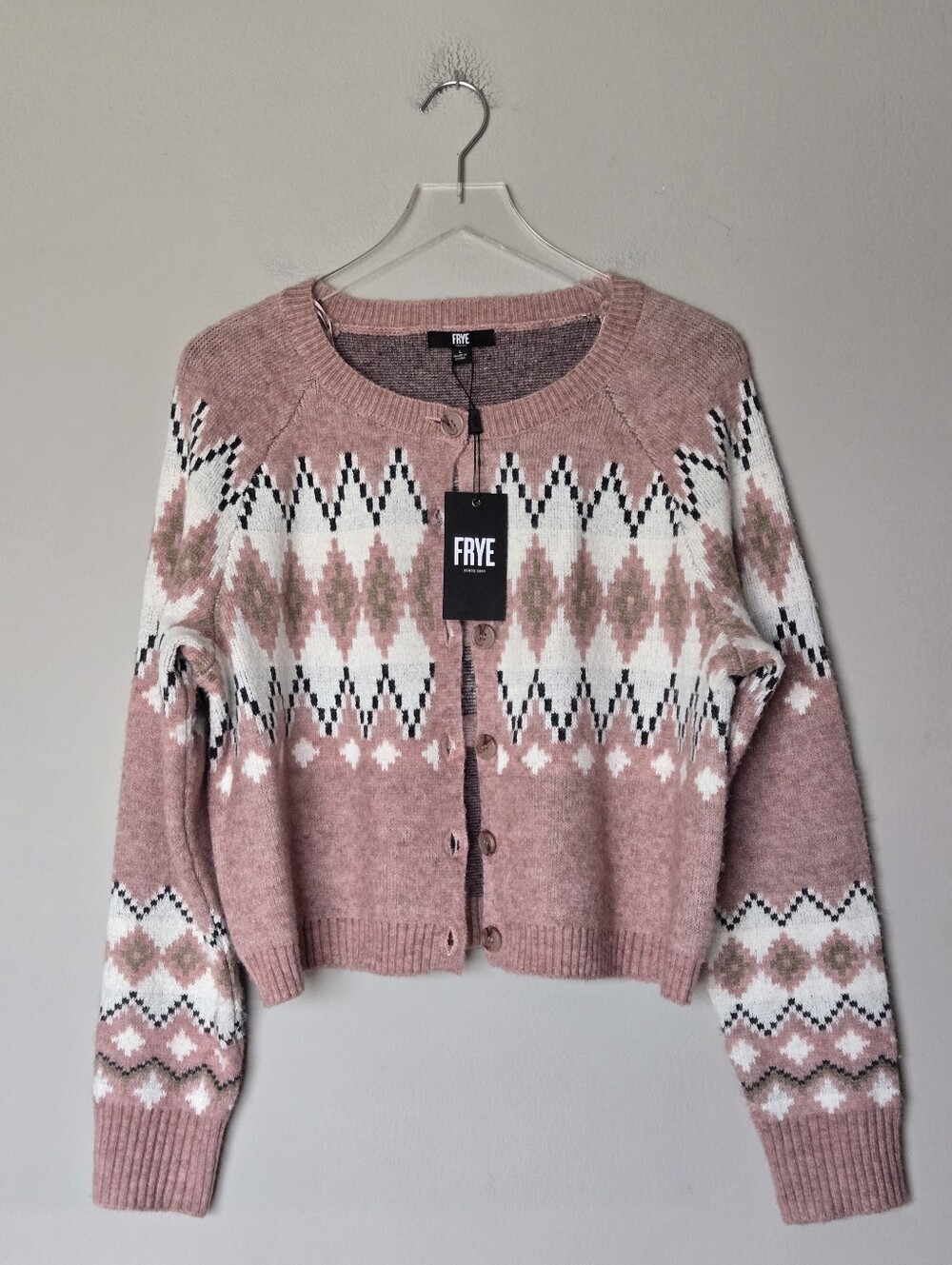 NWT Frye Nordic Fair Isle Cozy Button-Front Crew Neck Cardigan Geometric Size L